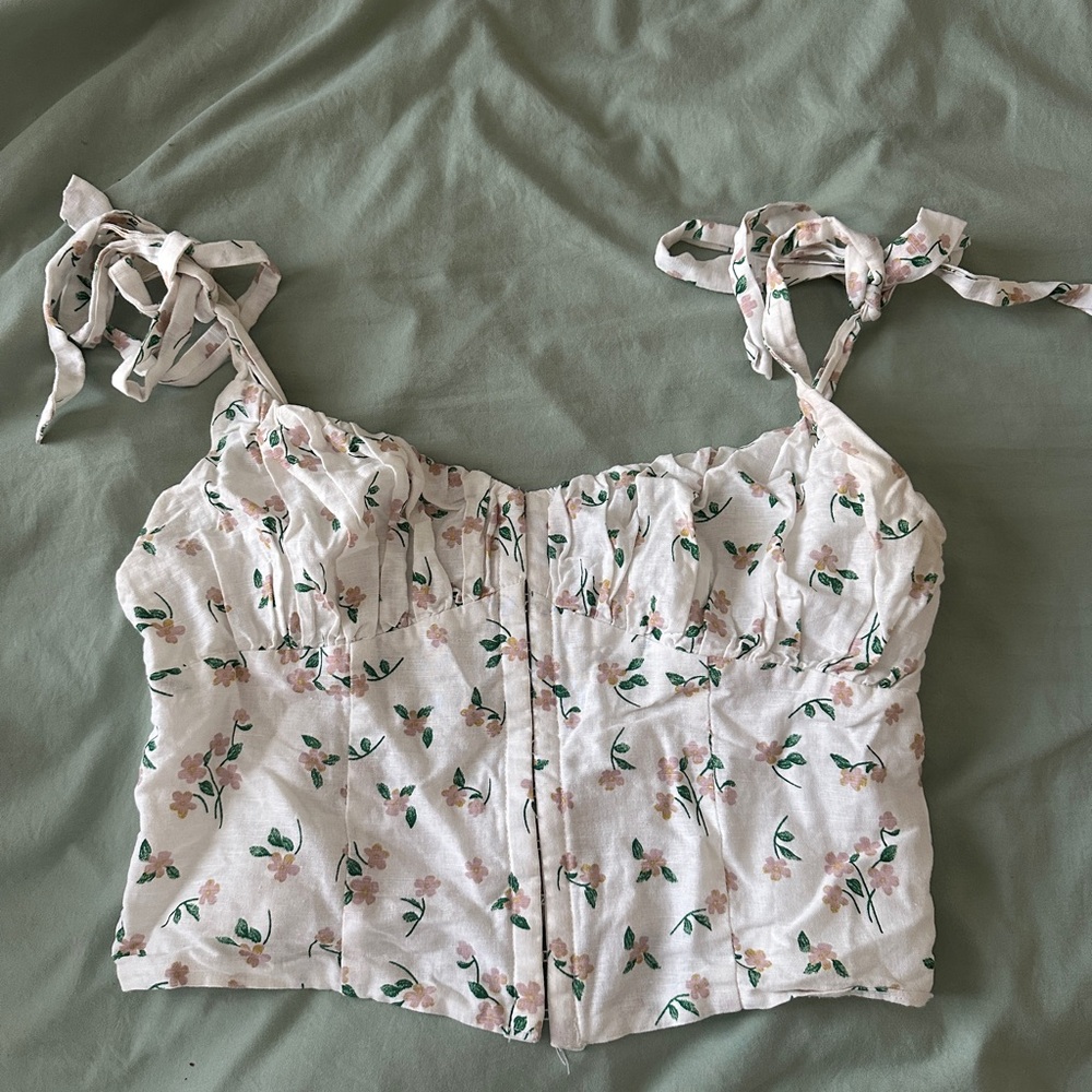Floral White and Green Corset Crop Top